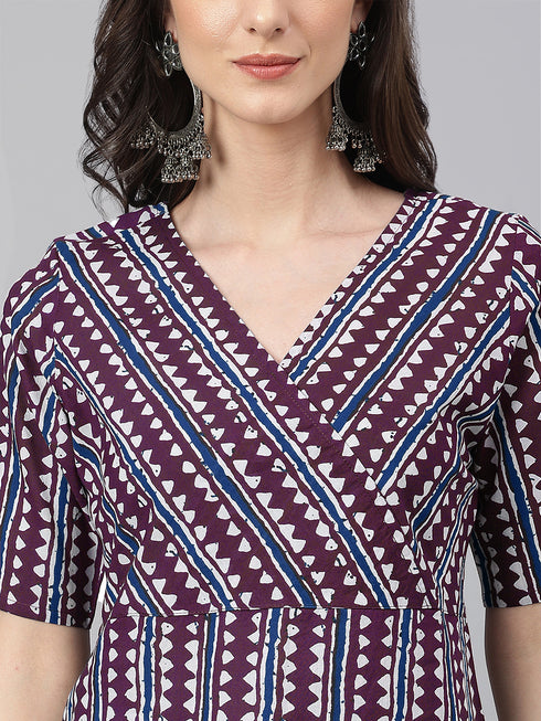 Wine Pure Cotton Geometric Printed Straight Kurta